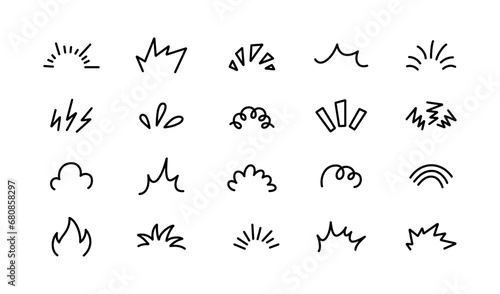 Doodle manga comic expression elements. Hand drawn shine sunburst ray. Doodle cartoon sparkle signs. Emotion effect design element. Sketch burst icon. Vector illustration isolated on white background.