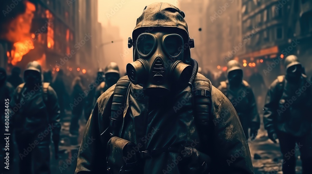 People in gas mask at city in apocalypse. People in gas mask at city in apocalypse.