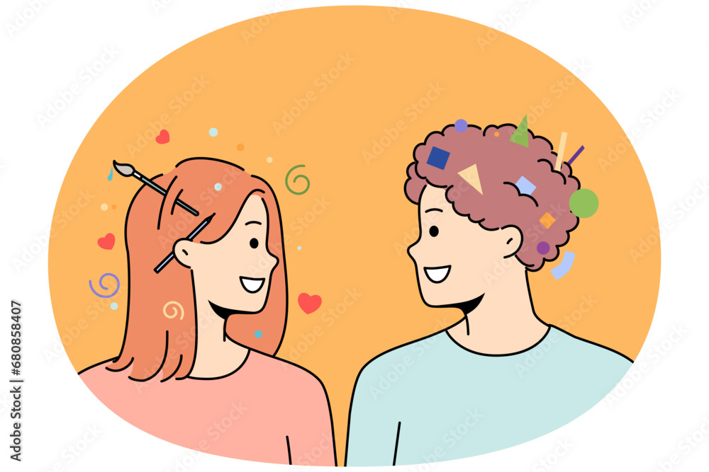 Diverse people with different mindsets exchange ideas. Smiling man and woman with logical and creative thinking cooperate. Vector illustration. Diverse people with different mindsets exchange ideas. Smiling man and woman with logical and creative thinking cooperate. Vector illustration.
