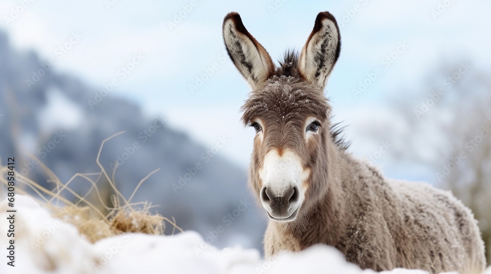Portrait of a Donkey against white background with space for text, AI generated, background image