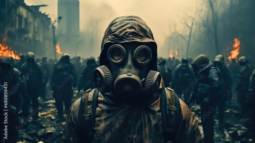 People in gas mask at city in apocalypse. - obrazy, fototapety, plakaty 