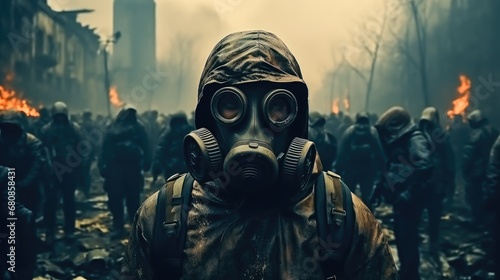 People in gas mask at city in apocalypse.
