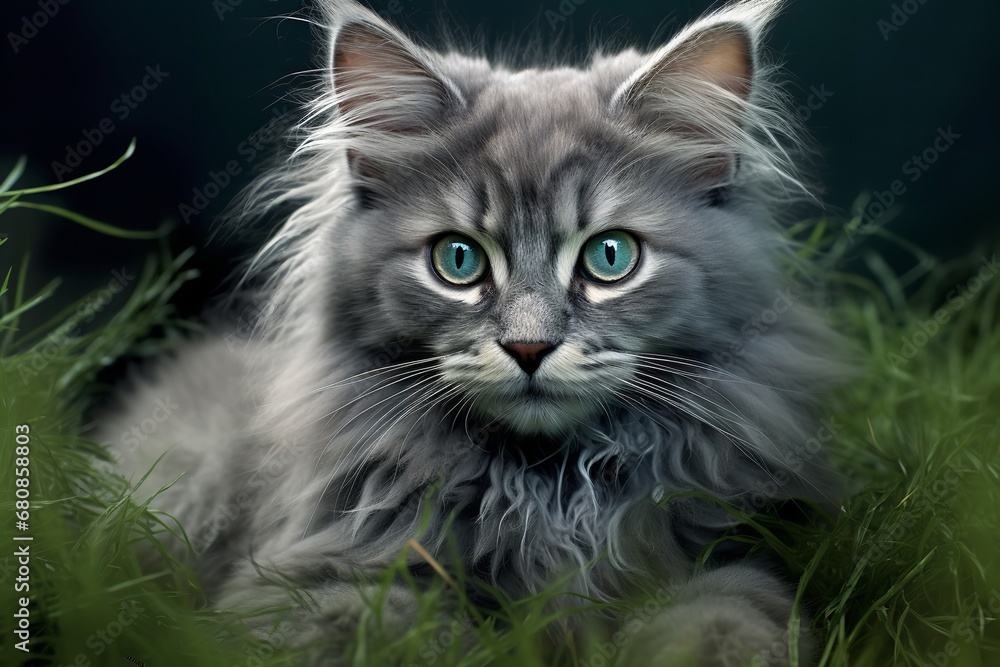 a curious kitten with large blue eyes and soft gray fur sitting on a wooden windowsill. The kitten is gazing out the window with a playful expression, its tail curled around its paws.