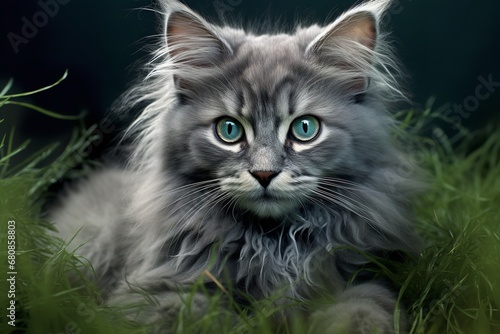 a curious kitten with large blue eyes and soft gray fur sitting on a wooden windowsill. The kitten is gazing out the window with a playful expression, its tail curled around its paws.