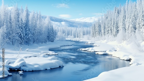 winter nature landscape forest with snow river lake