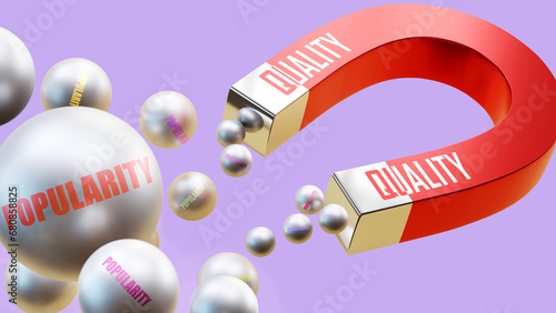 Quality which brings Popularity. A magnet metaphor in which quality attracts multiple parts of popularity. Cause and effect relation between quality and popularity.,3d illustration