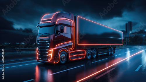 Autonomous Semi Truck with Cargo Trailer Drives at Night on the Road with Sensors Scanning Surrounding, Red Special Effects of Self Driving Truck on Digitalizing Freeway. photo
