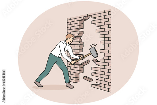 Young businessman with hammer crashing wall strive for business achievement or accomplishment. Determined male employee break brick wall. Vector illustration.