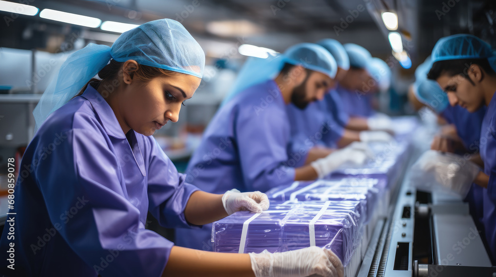 Happy men and women working in a factory, Packaging products. Happy men and women working in a factory, Packaging products.