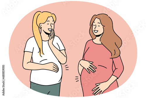 Smiling young pregnant women with big bellies excited with future motherhood. Happy moms laugh overjoyed with pregnancy. Vector illustration.