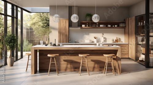Fototapeta Naklejka Na Ścianę i Meble -  simple modern interior design of kitchen with solid wood and sunlight