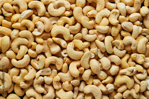 Roasted cashew nuts background. Top view of cashew nuts.