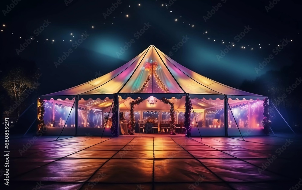 colorful wedding tent at night, wedding reception party. generative ai - obrazy, fototapety, plakaty 