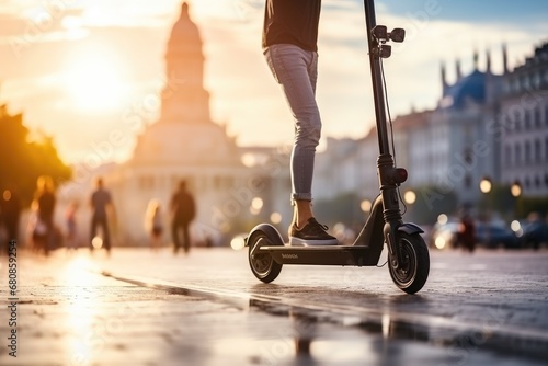 Person using scooter in the city traveling on eco friendly and sustainable transport. Generative AI © itchaznong