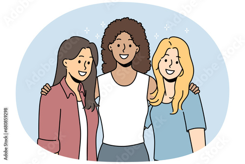 Smiling diverse girls standing together hugging showing friendship and support. Happy multiethnic interracial women posing embracing. Vector illustration.