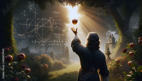 Gravity concept. A silhouette man in 17th Century clothing catching an apple from tree in garden, with scientific formulas in background photo