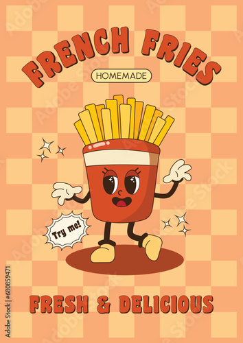 Groovy retro poster. Fast food. French fries, illustration for delivery. Vintage banner, 70s, 80s, 90s vibes. Trendy retro psychedelic style. Y2k aesthetic.