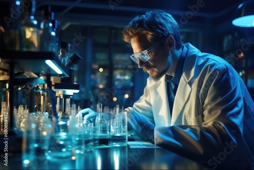 Scientist works in modern chemistry laboratory.