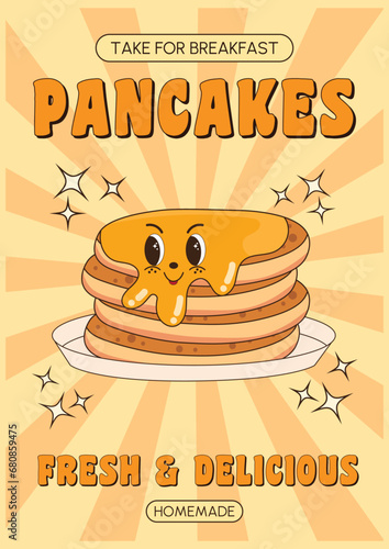 Groovy retro poster. Fast food, breakfast. Pancakes illustration. Vintage banner, 70s, 80s, 90s vibes. Trendy retro psychedelic style. Y2k aesthetic.