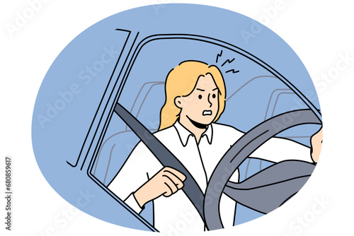 Furious young woman beep at road driving car. Mad girl feel angry and frustrated in traffic lose control. Vector illustration.