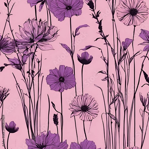 purple flowers in a field against a pink sky background, with the flowers in the