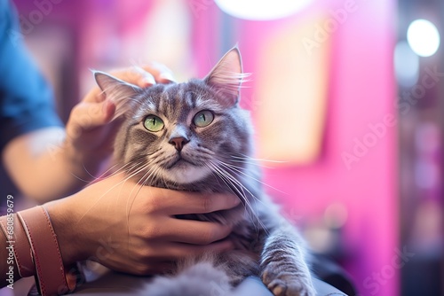 a person's hand gently petting a gray cat with green eyes. The cat is sitting in the person's lap, and its fur is soft and smooth. The cat's eyes are bright and expressive © wiwid