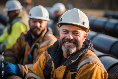 Workers with protective helmets and smiling while working on new pipeline at construction site.