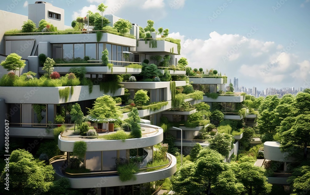 modern residential area with green roofs and balconies. generative ai