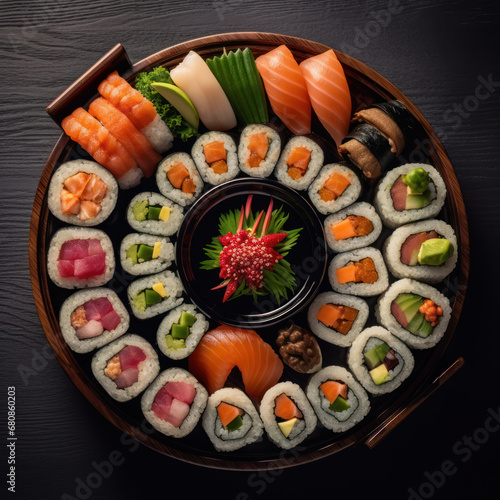 Birds-eye shot of a gourmet sushi platter 