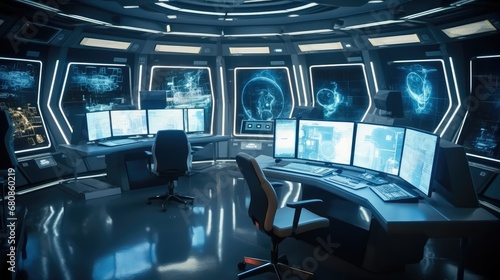 Interior of command center with control room and screens computers.