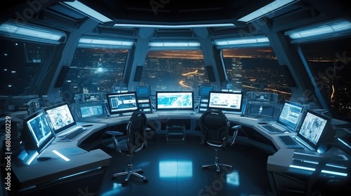Interior of command center with control room and screens computers.
