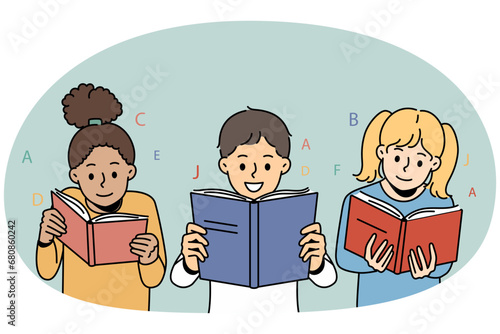 Smiling little children reading books together. Happy kids have fun enjoy literature at school. Education and learning. Vector illustration.
