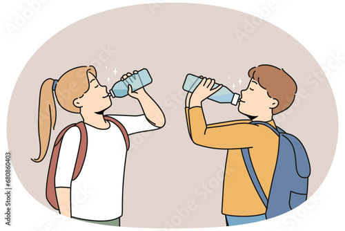 Small children with backpacks drinking fresh water from plastic bottles. Happy kids suffer from thirst enjoy clear aqua for hydration. Vector illustration.