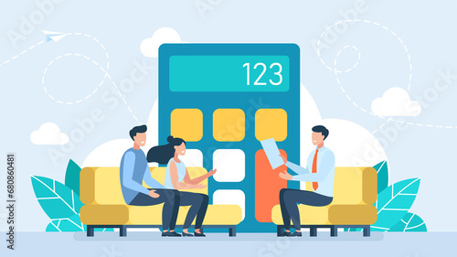 Family planning their budget. Seller, financial consultant, deal. Calculator. Man and woman engaged in accounting, financial analysis, calculation of expenses and income. Payment. Flat illustration