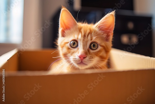 an adorable kitten with large green eyes and soft white fur peeking out from a woven basket. The kitten's playful expression and curious gaze capture the essence of kittenish wonder and innocence.