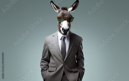 donkey animal in the form of a man in a suit and sunglasses, a joke on the boss, director, generative ai photo