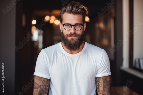 A young stylish bearded man with tattoos in a white T-shirt and glasses against street background