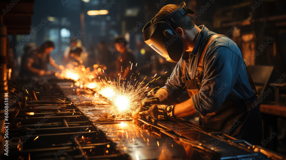 An iron worker in a mask is welding iron in a factory An iron worker in a mask is welding iron in a factory