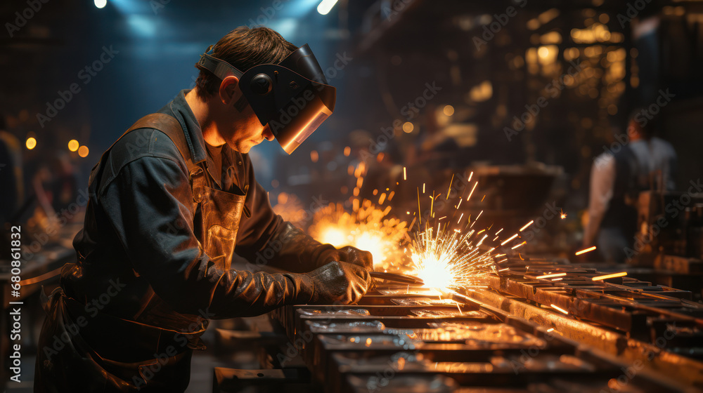 An iron worker in a mask is welding iron in a factory An iron worker in a mask is welding iron in a factory