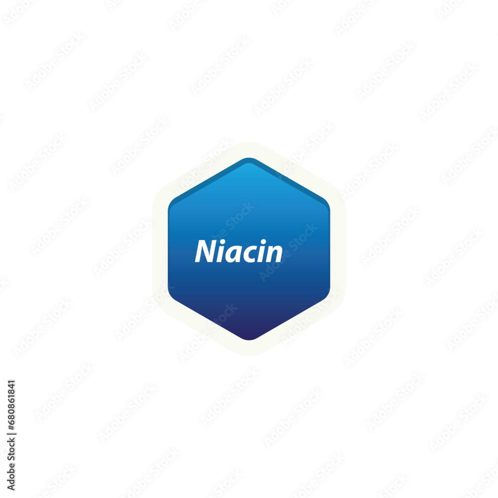 Niacin symbol label vector, hexagon shape with text, Suitable for health product packaging. Niacin symbol label vector, hexagon shape with text, Suitable for health product packaging.