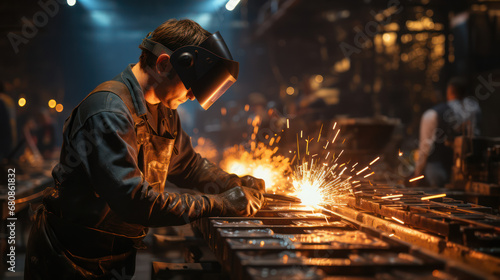 An iron worker in a mask is welding iron in a factory
