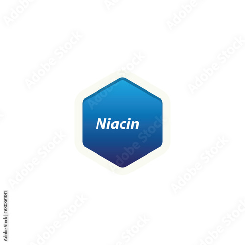 Niacin symbol label vector, hexagon shape with text, Suitable for health product packaging.