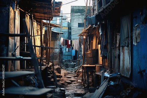 View of slum with dilapidated shanty houses photo