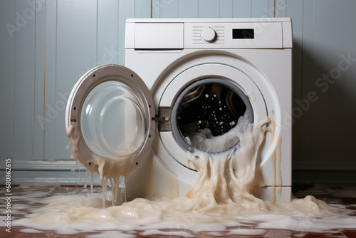 The washing machine broke down, water leaked on the floor. Generative AI. photo