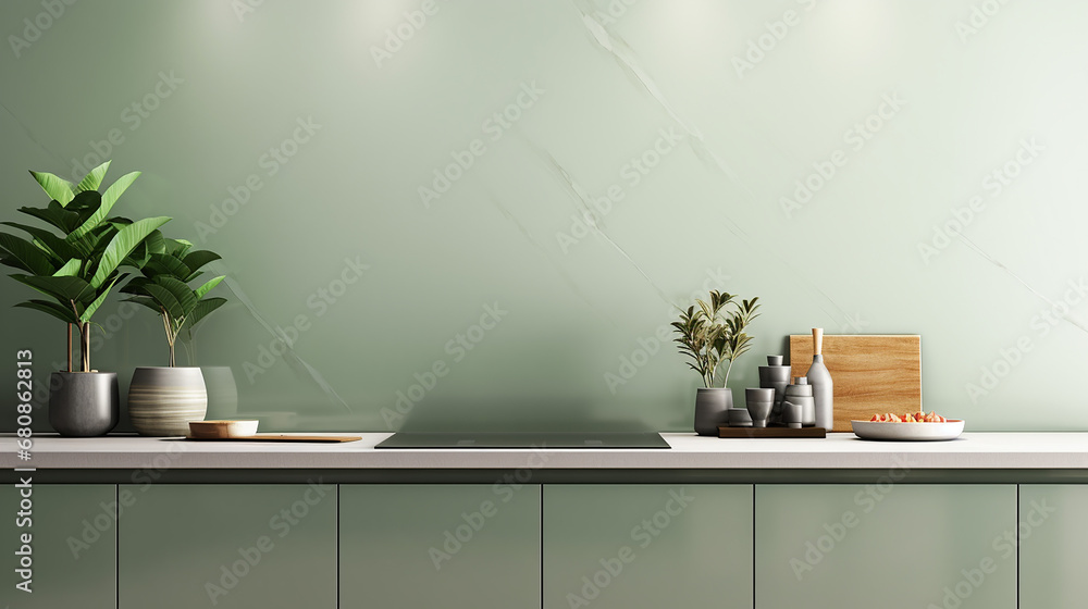 sage green modern kitchen counter white marble counter countertop and sage green cabinets - obrazy, fototapety, plakaty 
