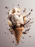 Vanilla and chocolate sauce ice cream cone with splash effect on grey background. Created with Generative AI technology