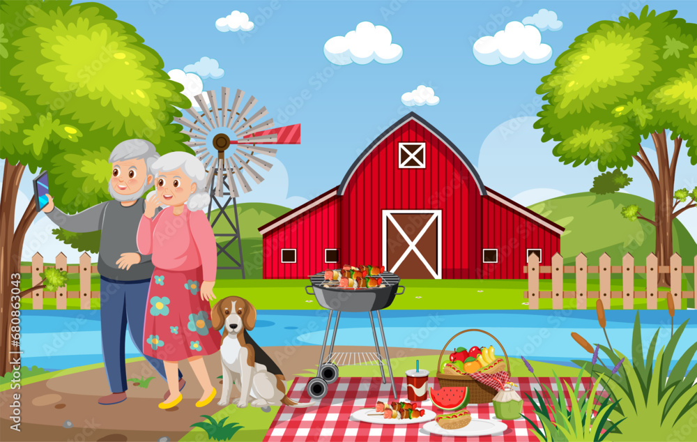 Naklejka premium Elderly Couple Enjoying a Riverside Picnic on a Farmland