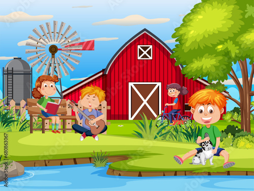 Outdoor Family at Farm House with River