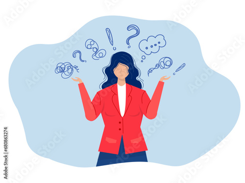 woman suffers from obsessive thoughts; headache; unresolved issues; psychological trauma; depression.Mental stress panic mind disorder illustration Flat vector illustration.