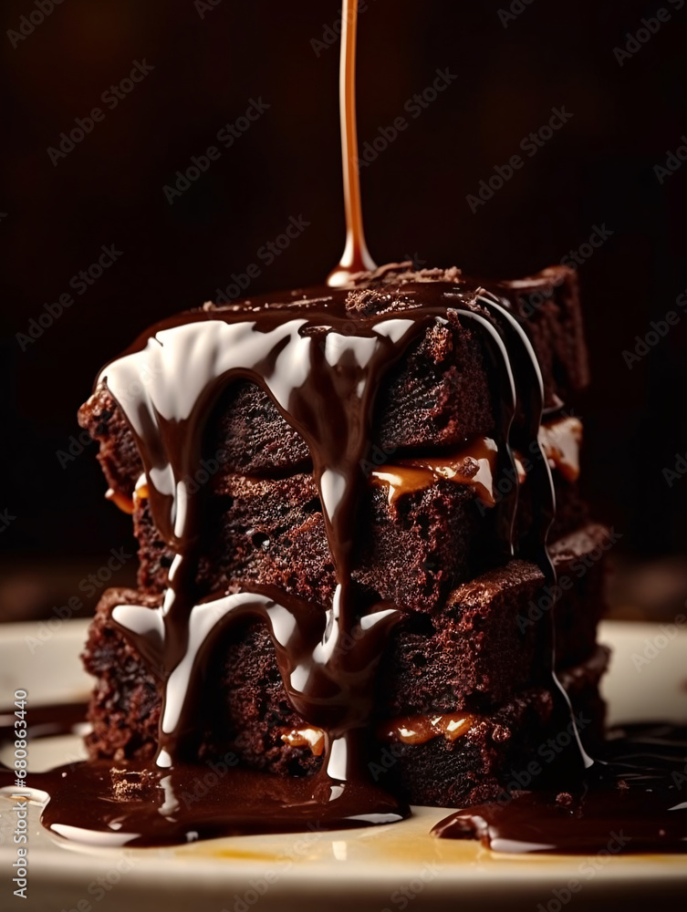 Obraz premium Sweet brownie drizzled with chocolate syrup. Created with Generative AI technology